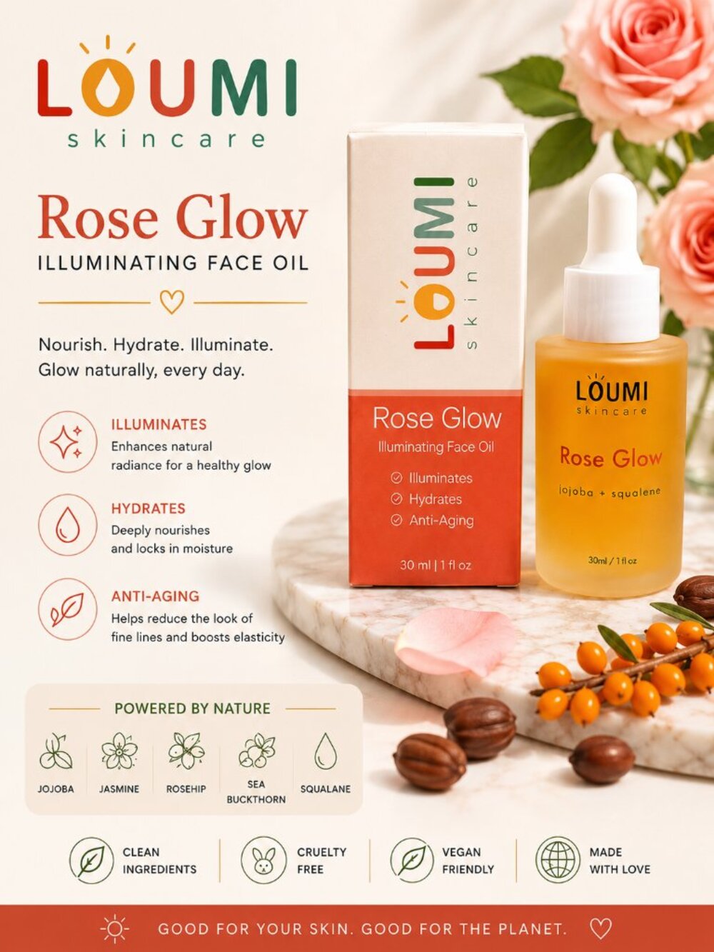 LOUMI Skincare Rose Glow Illuminating Face Oil 30ml | Jojoba + Squalane